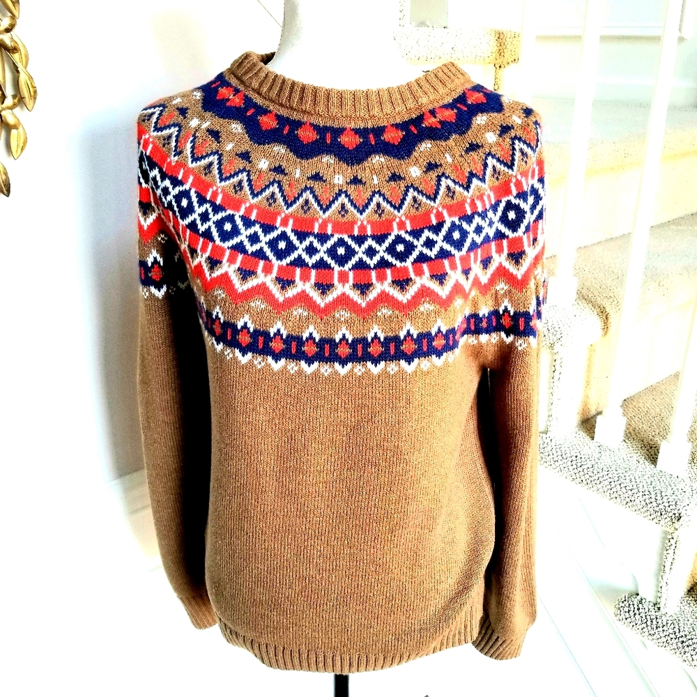 🆕️ J CREW Cotton Fair Isle Crewneck Sweater Camel